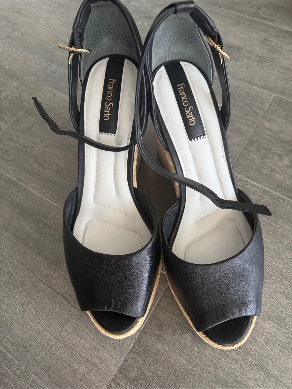 Franco Sarto Black Peep-Toe Espadrille Wedge with Ankle Strap